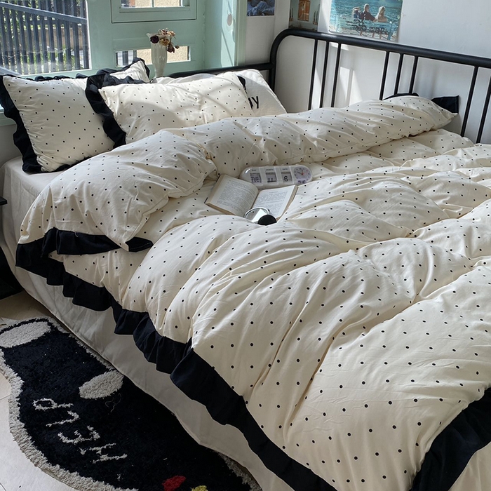 91家纺网 家纺一手货源 找家纺 老K (原美阁） 2025新款水洗棉赫本风波点四件套学生宿舍三件套床单款床笠款 波点米