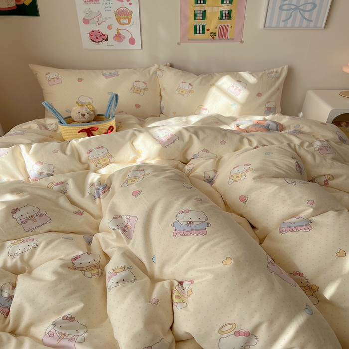 91家纺网 家纺一手货源 找家纺 六巷胡同 2025新款 INS减龄可爱风卡通全棉四件套第五系（森林音乐会系列） 波点嘟嘟猫