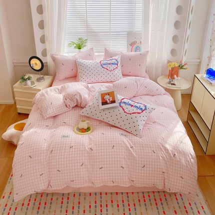 大麦乐田2025新款四季亲肤可爱柔软毛巾绣四件套-彩格乐园系列 咪妮 粉