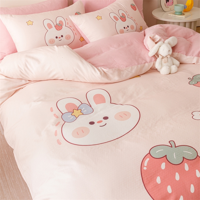 91家纺网 家纺一手货源 找家纺 馨语家居 2025新款全棉双层纱四件套 草莓兔