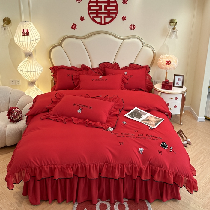 91家纺网 家纺一手货源 找家纺 富盛家纺2025新款婚庆亲肤棉磨毛刺绣四件套 喜庆—茹意