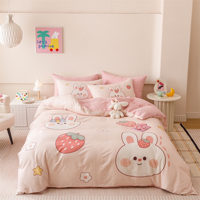 91家纺网 家纺一手货源 找家纺 馨语家居 2025新款全棉双层纱四件套 草莓兔