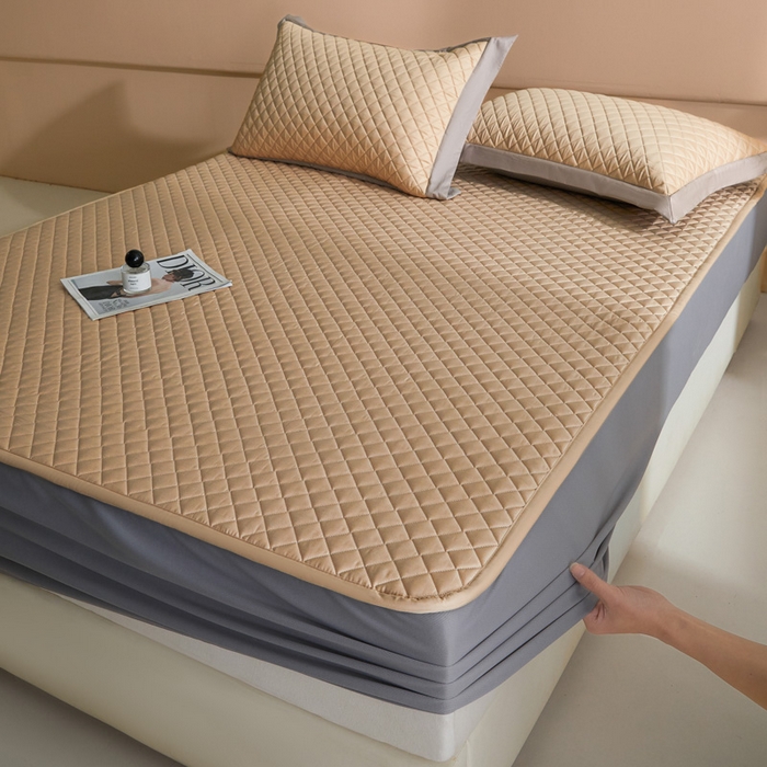 91家纺网 家纺一手货源 找家纺 由有2025新款60S长绒棉绗缝大豆夹棉床垫床褥床笠 平铺-香槟咖