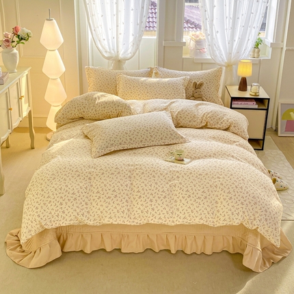 梦莱斯 2025直播爆款公主风A类针织棉床盖四件套AA版被套 倾梦-奶黄