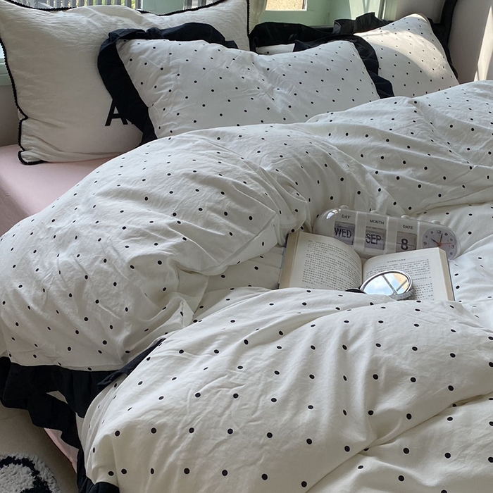 91家纺网 家纺一手货源 找家纺 老K (原美阁） 2025新款水洗棉赫本风波点四件套学生宿舍三件套床单款床笠款 波点白