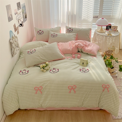 91家纺网 家纺一手货源 找家纺 （总）灰鲸2025新款ins韩系萌趣次元风猫咪蝴蝶结毛巾绣四件套