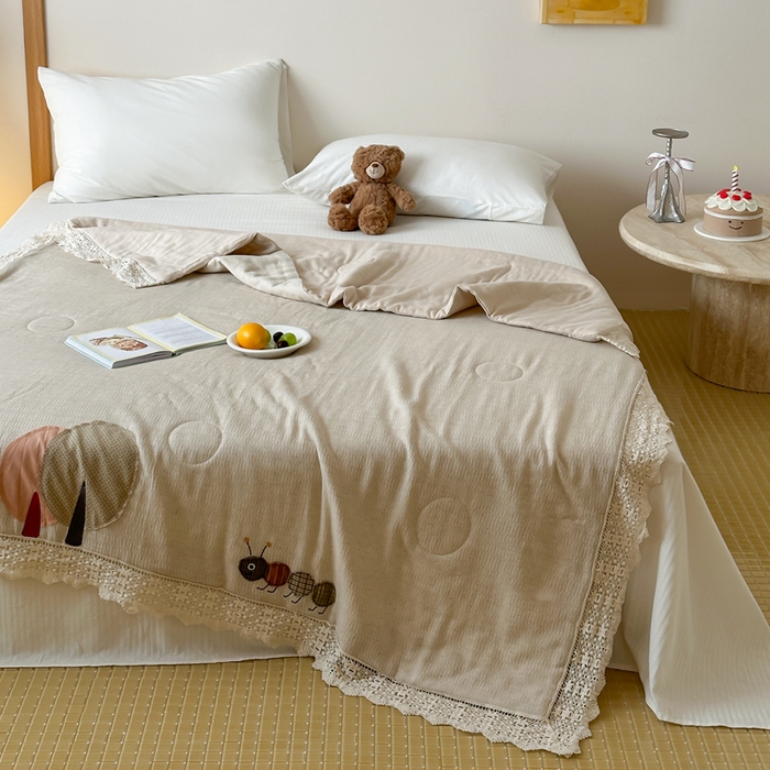 91家纺网 家纺一手货源 找家纺 月夏 2025新款全棉双层纱纱布夏被夏凉被空调被 小蚂蚁-麻本色【填充新疆棉花】