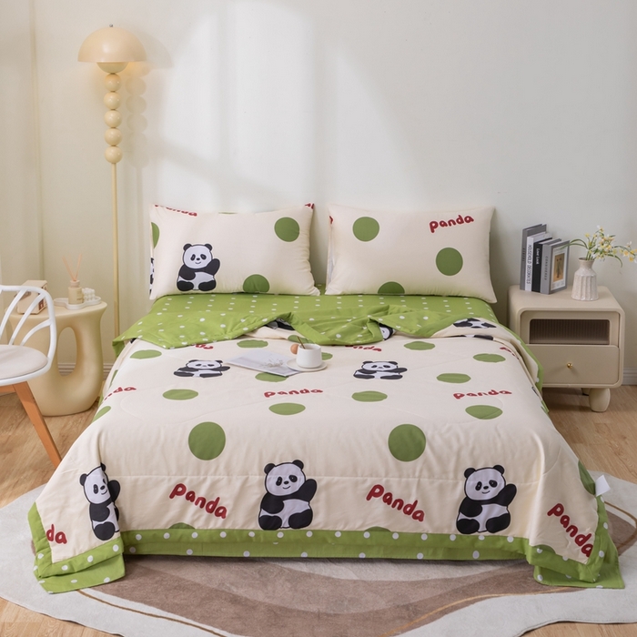 91家纺网 家纺一手货源 找家纺 鑫棉坊 2025新款A类全棉印花大豆纤维空调被大豆被 可爱熊猫-绿