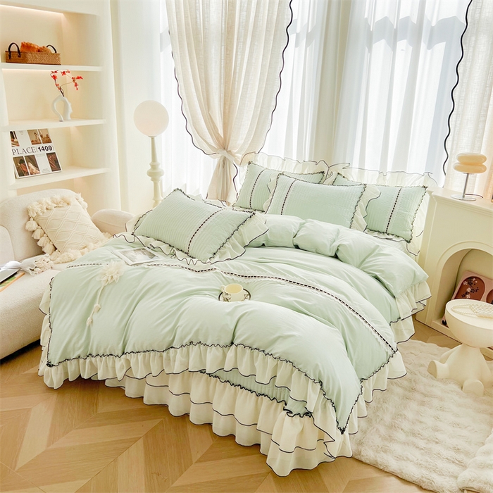 91家纺网 家纺一手货源 找家纺 虹星家纺 2025年新款全棉床盖三件套-花影倾梦 花影倾梦-薄荷绿