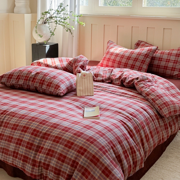 91家纺网 家纺一手货源 找家纺 （总）萝莉家纺 2025新款复古全棉A类色织双层纱皱皱纱格子四件套