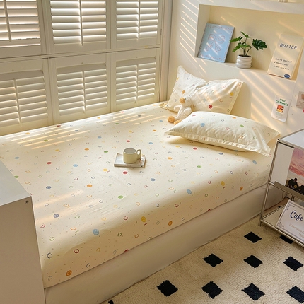 91家纺网 家纺一手货源 找家纺 百寐2025新款全棉13372床笠被套单品枕套三四件套学生组合加大单件-单床笠单床单 多彩笑脸