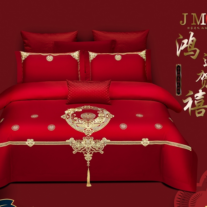 91家纺网 家纺一手货源 找家纺 栩裕纺织 2025新款全棉刺绣婚庆四件套 鸿运贺禧