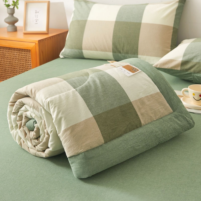 91家纺网 家纺一手货源 找家纺 熙宴 2025新款无印风新疆棉花夏被四件套 绿大格