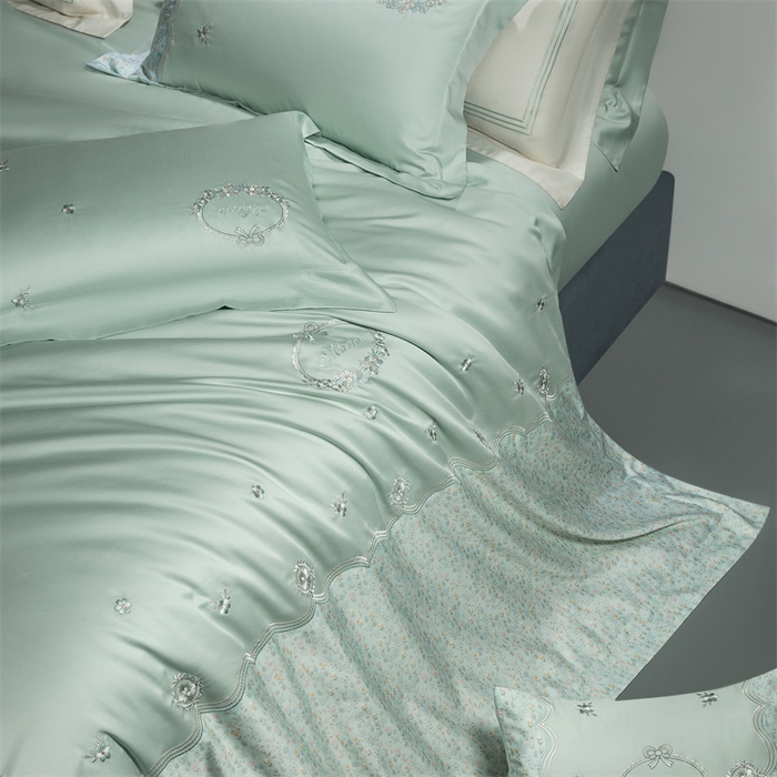 91家纺网 家纺一手货源 找家纺 高大尚婚庆馆 2025新款艾能棉高端绣花四件套-巴黎甜心 巴黎甜心-清新绿