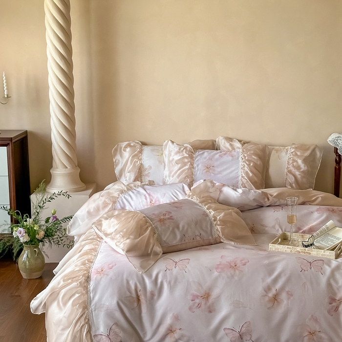 91家纺网 家纺一手货源 找家纺 佳汐蓝家纺 2025新款100支澳棉四件套-蝶恋花 淡粉色