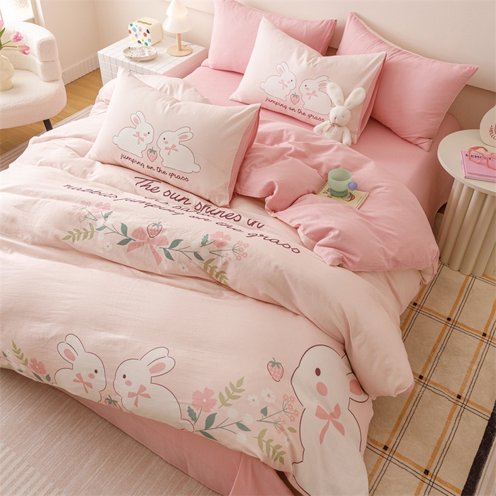 91家纺网 家纺一手货源 找家纺 馨语家居 2025新款全棉双层纱四件套 兔兔派对