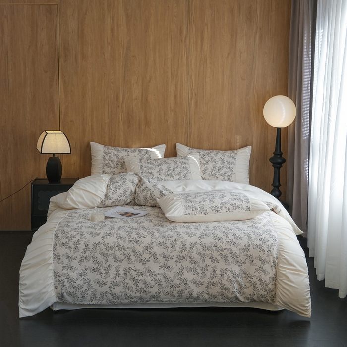 91家纺网 家纺一手货源 找家纺 布可家纺 2025新款A类法式清新褶皱印花四件套 椿山恋