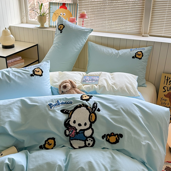 91家纺网 家纺一手货源 找家纺 金爱家 2025新款全棉毛巾绣四件套 毛巾绣-蓝蓝帕哈狗