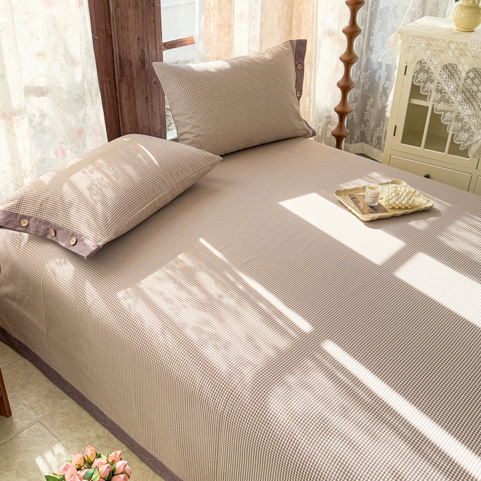 91家纺网 家纺一手货源 找家纺 简宜家居 2025新款宽边纯棉全棉老粗布床单 千鸟格-微醺紫