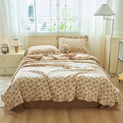 91家纺网 家纺一手货源 找家纺 换种生活 2025新款荷叶边款针织单夏被 四件套 赫本-可可咖