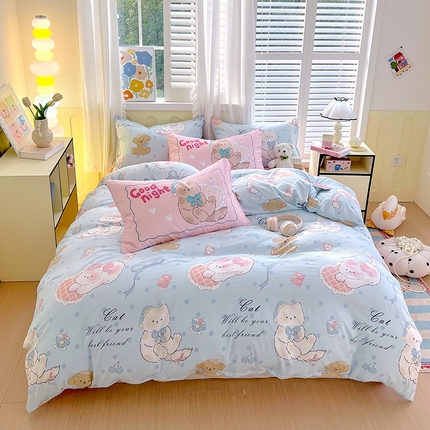 91家纺网 家纺一手货源 找家纺 大麦乐田2025新款超柔大版印花四件套 奶油猫咪