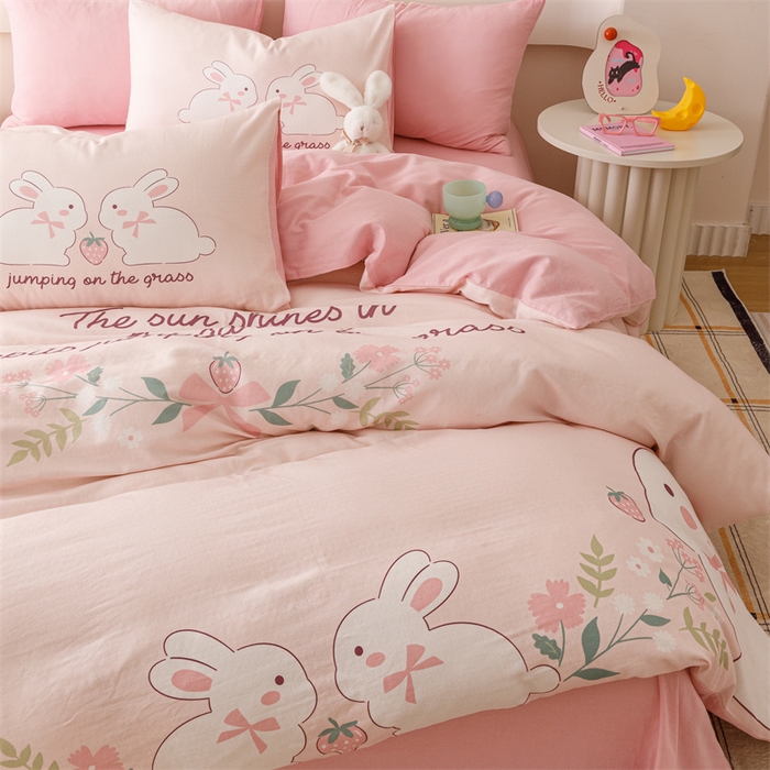 91家纺网 家纺一手货源 找家纺 馨语家居 2025新款全棉双层纱四件套 兔兔派对