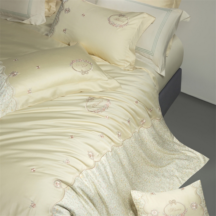 91家纺网 家纺一手货源 找家纺 高大尚婚庆馆 2025新款艾能棉高端绣花四件套-巴黎甜心 巴黎甜心-奶昔黄