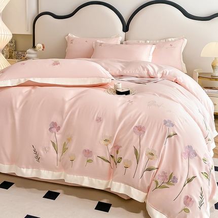 狂想家 2025亲肤棉重工刺绣系列四件套-花海 花海浅杏粉