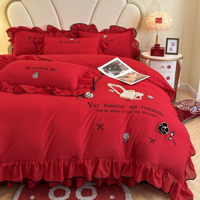 91家纺网 家纺一手货源 找家纺 富盛家纺2025新款婚庆亲肤棉磨毛刺绣四件套 喜庆—茹意