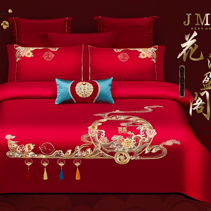 91家纺网 家纺一手货源 找家纺 栩裕纺织 2025新款全棉刺绣婚庆四件套 花满盈阁