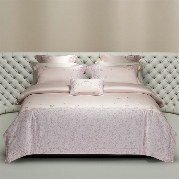 91家纺网 家纺一手货源 找家纺 高大尚婚庆馆 2025新款艾能棉高端绣花四件套-巴黎甜心 巴黎甜心-落樱粉