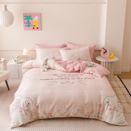 馨语家居 2025新款全棉双层纱四件套 兔兔派对