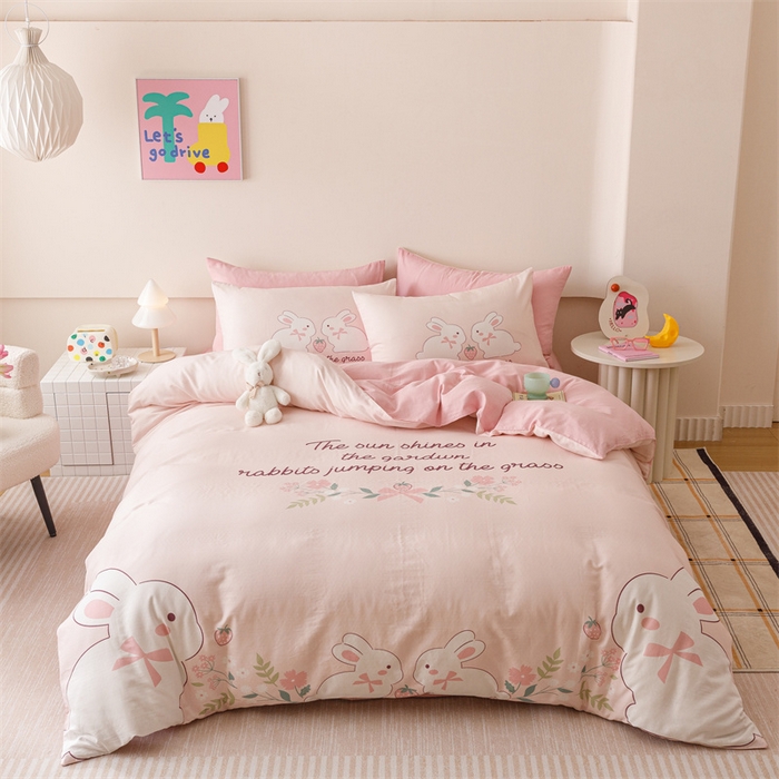 91家纺网 家纺一手货源 找家纺 馨语家居 2025新款全棉双层纱四件套 兔兔派对