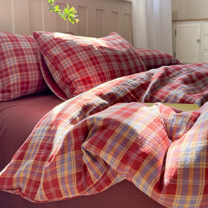 91家纺网 家纺一手货源 找家纺 （总）萝莉家纺 2025新款复古全棉A类色织双层纱皱皱纱格子四件套