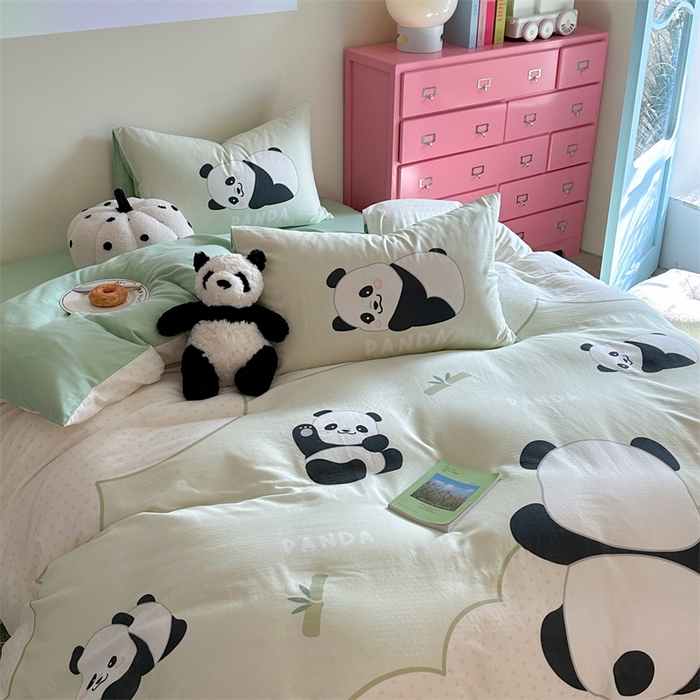 91家纺网 家纺一手货源 找家纺 馨语家居 2025新款全棉双层纱四件套 熊猫之家