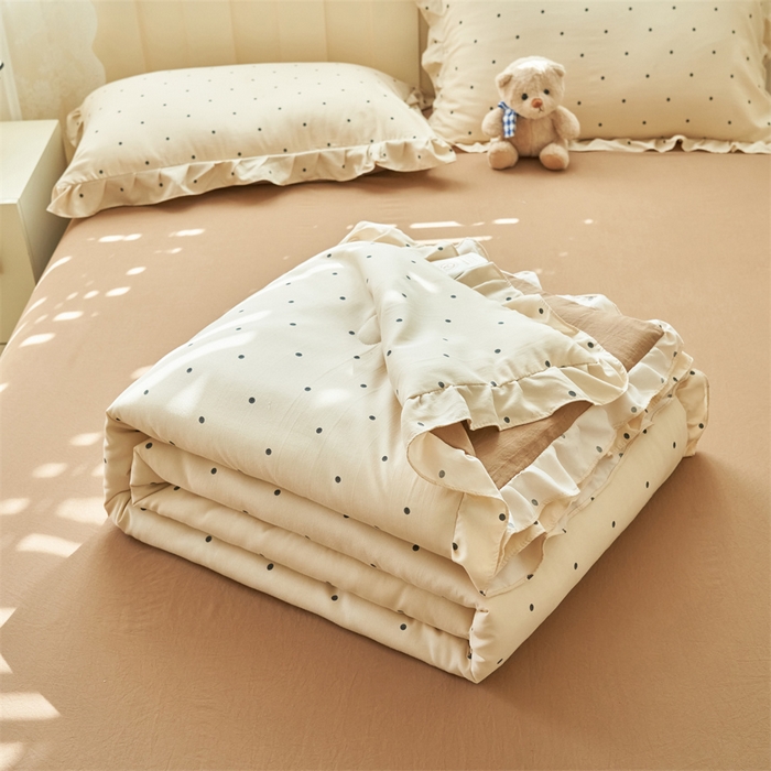 91家纺网 家纺一手货源 找家纺 换种生活 2025新款荷叶边款针织单夏被 四件套 波点-咖