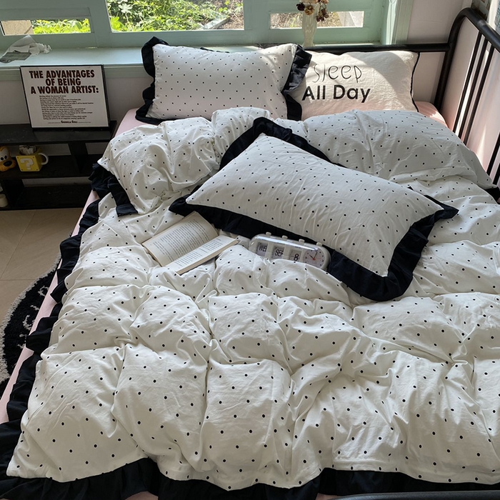 91家纺网 家纺一手货源 找家纺 （总）老K (原美阁） 2025新款水洗棉赫本风波点四件套学生宿舍三件套床单款床笠款