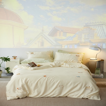 91家纺网 家纺一手货源 找家纺 简纯主义 2025新款天丝四件套 散点系列 萌宠-奶白