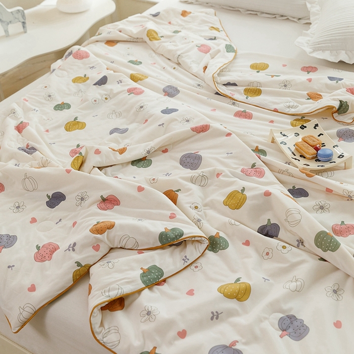 91家纺网 家纺一手货源 找家纺 优被业 2025新款A类牛奶丝针织棉夏被20%大豆(四周踩棉)软糯夏凉被空调被 贝贝南瓜