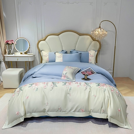 91家纺网 家纺一手货源 找家纺 宅家居 2025轻奢法式小香风双面纯棉刺绣拼接款长绒棉四件套-樱花恋 繁星蓝