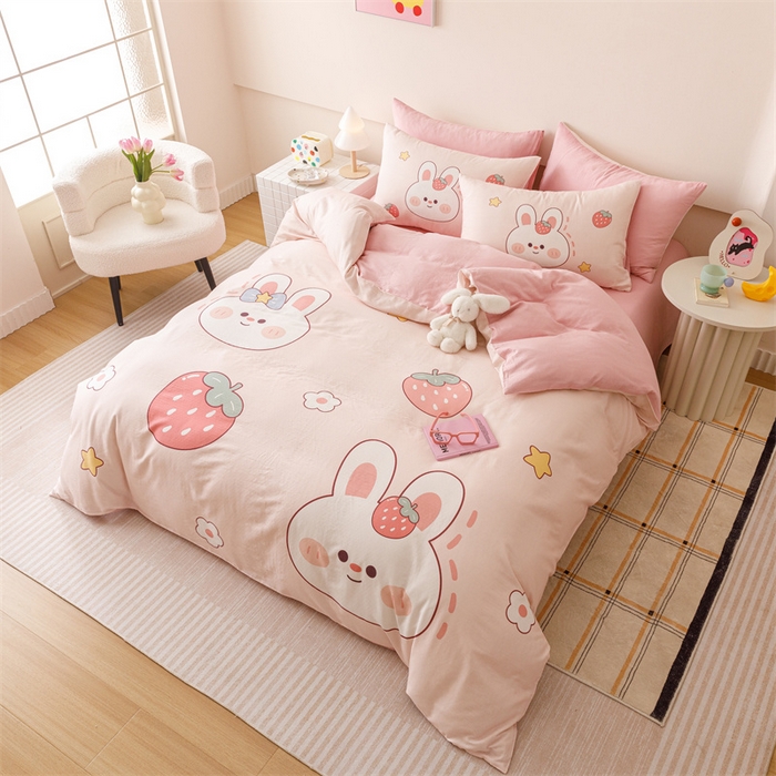 91家纺网 家纺一手货源 找家纺 馨语家居 2025新款全棉双层纱四件套 草莓兔