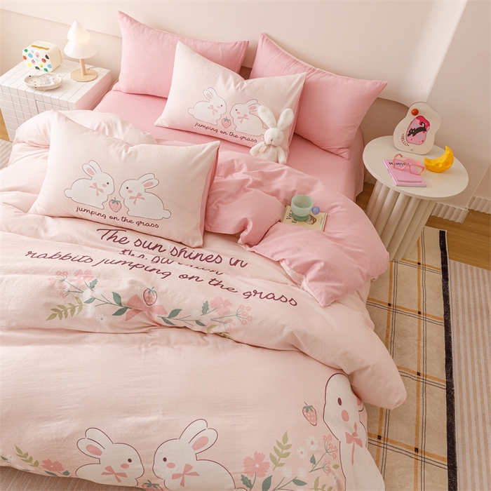 91家纺网 家纺一手货源 找家纺 馨语家居 2025新款全棉双层纱四件套 兔兔派对