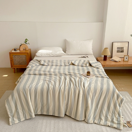91家纺网 家纺一手货源 找家纺 心悦家纺  2025新款无印良品风100%全棉A类色织水洗条纹原棉大豆夏被春秋被冬被 原棉条纹-水蓝