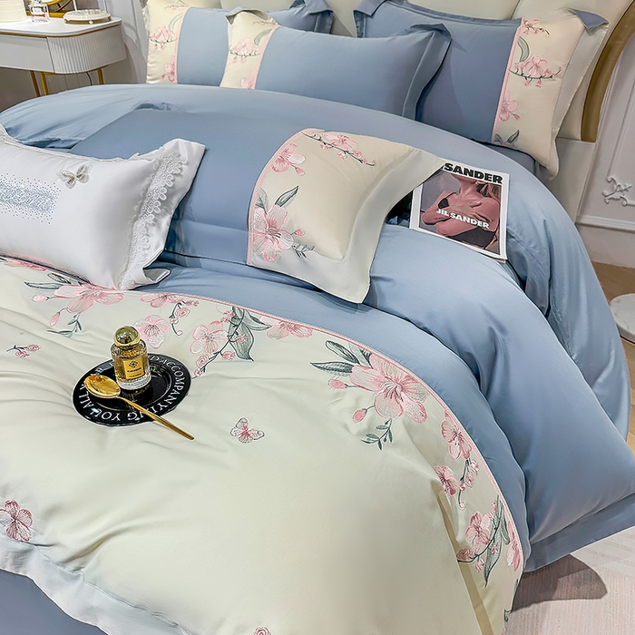 91家纺网 家纺一手货源 找家纺 宅家居 2025轻奢法式小香风双面纯棉刺绣拼接款长绒棉四件套-樱花恋 繁星蓝