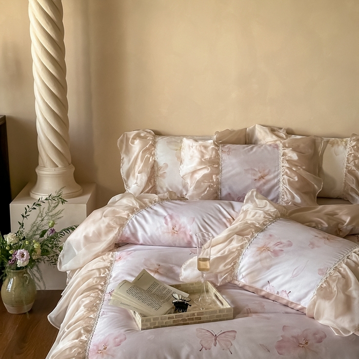 91家纺网 家纺一手货源 找家纺 佳汐蓝家纺 2025新款100支澳棉四件套-蝶恋花 淡粉色