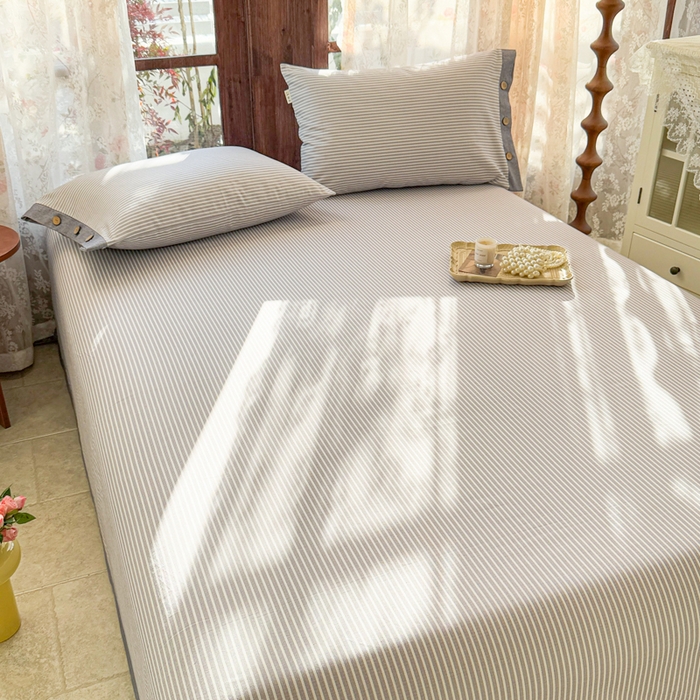 91家纺网 家纺一手货源 找家纺 简宜家居 2025新款宽边纯棉全棉老粗布床单 条纹-灰咖宽边