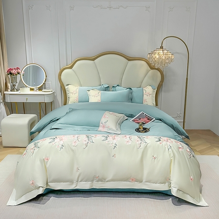 91家纺网 家纺一手货源 找家纺 宅家居 2025轻奢法式小香风双面纯棉刺绣拼接款长绒棉四件套-樱花恋 松石绿