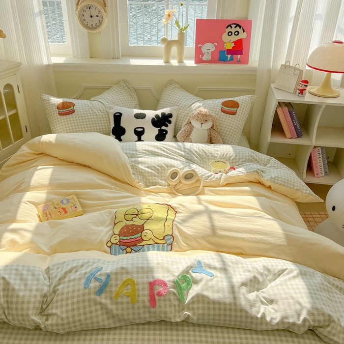 91家纺网 家纺一手货源 找家纺 （总）子钦家纺 2025春夏新款云朵棉拼接毛巾绣卡通床单床笠四件套