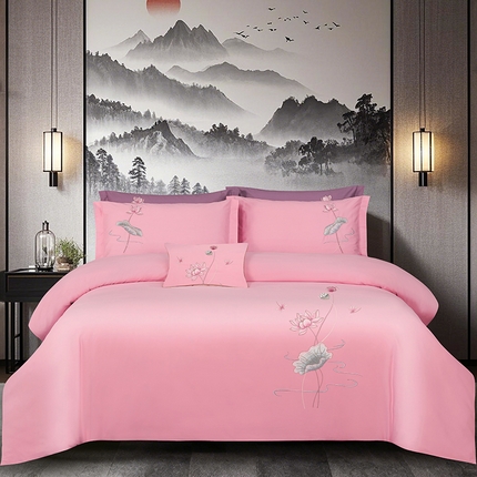 浩情国际婚庆供货中心 2026新款100支全棉高端刺绣中式风四件套--好运连连系列 好运连连-粉玉