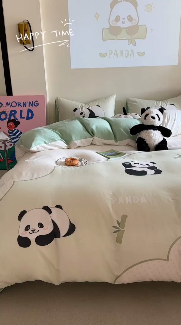 91家纺网 家纺一手货源 找家纺 馨语家居 2025新款全棉双层纱四件套 熊猫之家